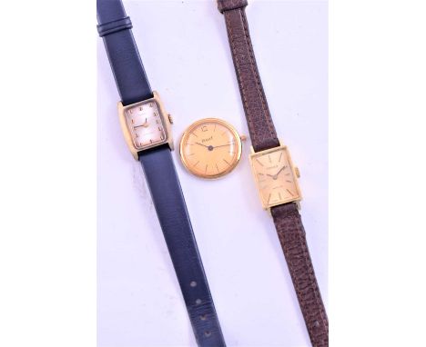 A yellow metal Tissot ladies watch, with rectangular case and baton dial, on a brown leather strap, together with a gilt meta