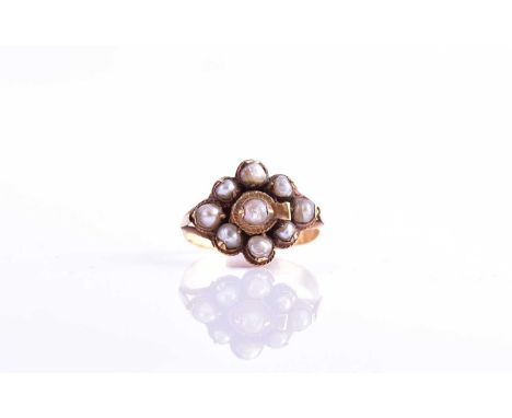 An unusual 19th century yellow gold and pearl cluster ring, possibly an Italian 'Fede Chianina' ring, set with nine Baroque p