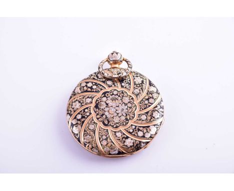 A French Aiguilles pocket watch, the yellow metal case inlaid with black and white floral enamel, the case marked 337, engrav