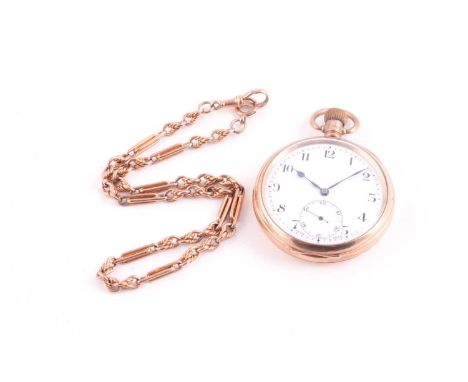 A 9 carat gold pocket watch and chain; the 9 carat gold open faced watch with white enamel dial and Roman numerals, subsidiar