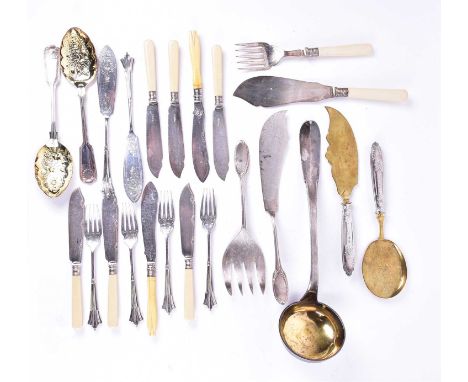 A heavy French silver plated soup ladle, together with a quantity of various plated cutlery, including a pair of fish servers