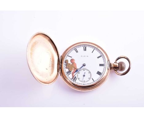 An unusual gold plated pocket watch by Elgin, with white enamel Roman numeral dial, with additional erotic image to dial, a b
