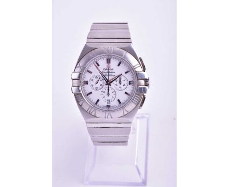 An Omega Constellation stainless steel co-axial chronometer wristwatch, the white dial with triple subsidiary dials, date ape