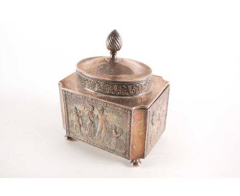 A German silver tea caddy of architectural rectangular dome-topped form, bearing partial reassay hallmarks for 1905 and marke