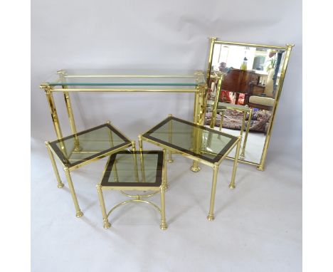 A brass Hollywood Regency style glass-top console table, L114cm, H76cm, D33cm, a nest of 3 brass Hollywood Regency style glas