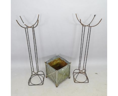 A lead-lined square garden planter, 28cm x 34cm, and 2 wirework garden plant stands (3) 