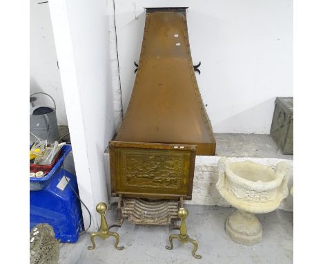 A copper chimney flue, 78cm x 102cm x 43cm, and a brass fire screen, 61cm x 55cm, and a fire grate, L45cm (3) 