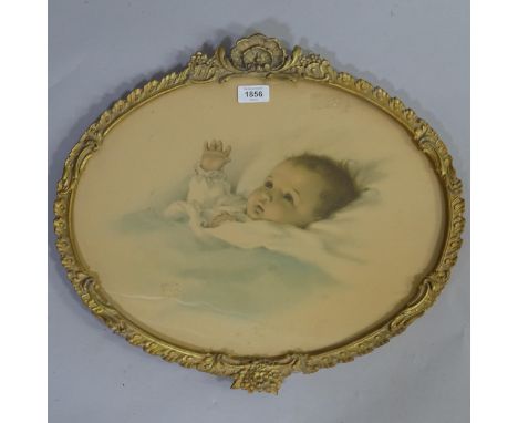 Bessie Gutmann, oval print, baby, in ornate gesso frame, image 13.5" x 17"Paper discolouration but frame is very good 