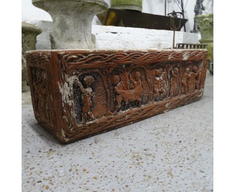 A rectangular weathered and painted concrete garden trough, L80cm, H26cm, D26cm 