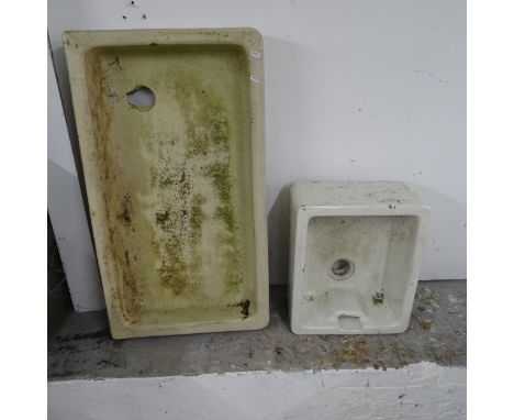 A glazed ceramic butler's sink, 48cm x 20cm x 40cm, and another glazed sink, 93cm x 15cm x 51cm (2) 
