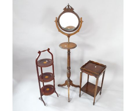 An Edwardian mahogany 3-tier folding cake stand, a Victorian mahogany telescopic shaving stand, and a 2-tier square lamp tabl