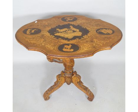 A 19th century Continental walnut and satinwood inlaid occasional table of shaped form, on oak tripod base, 88cm x 76cm x 56c