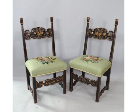 A pair of Antique mahogany Continental style tapestry-upholstered dining chairs, with carved decoration 