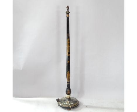 A black painted Chinese standard lamp, with chinoiserie decoration, height to bayonet 163cm 