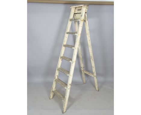 A Vintage painted pine step ladder, 192cm 