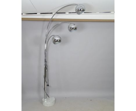 A mid-century design chrome triple arc lamp, on marble base, H210cm 