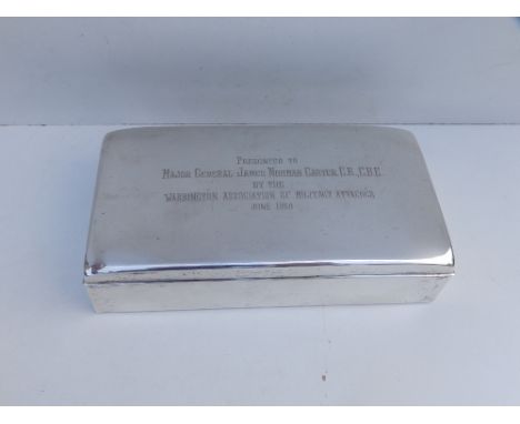 An American Poole silver presentation cigarette box, of plain rectangular form - 'Presented to Major General James Norman Car