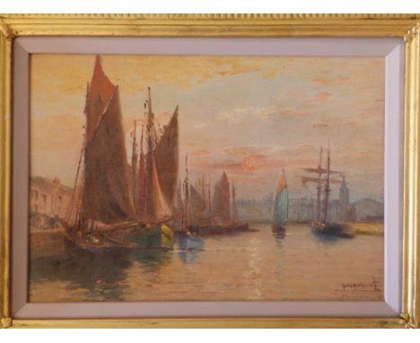 Oil on board - Harbour scene with sailing vessels, indistinctly signed, 9" x 12.5" - panel cracked.