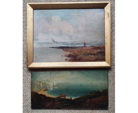 An oil on board - Coastal scene with figure and distant boat, 9" x 10" and an unframed oil on panel - Cattle on coastal cliff