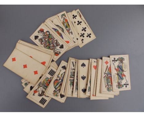 A set of 54 19thC Austrian tarot playing cards by L. Jager &amp; Dobler, Wien, having hand coloured lithographed decoration.