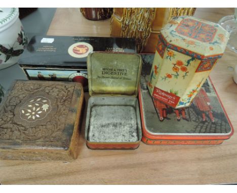 A selection of vintage tins etc including Ridgways tea and McVitie and Price's Digestive sample tin