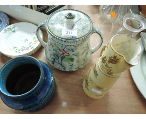 A Royal Corona biscuit barrel, Royal Worcester jug and Italian jar