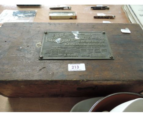 A vintage wooden box, bearing plaque for IBIS Isaac Braithwaite Engineers, Kendal