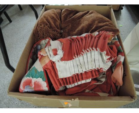  A box of floral curtains, cushions etc