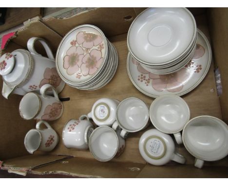 Denby pink floral part tea set - 8 side plates, 7 saucers, 7 cups, tea/coffee pot, 2 jugs, cake/sandwich plate&nbsp;