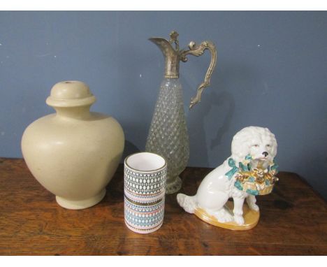 Ceramic lamp base, vintage dog figurine, modern vase and glass claret jug