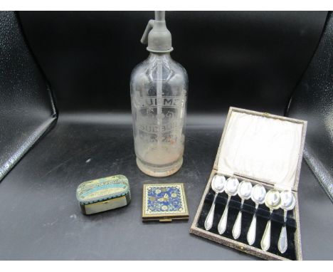 Vintage Sudbury soda syphon, cased teaspoons, compact and tin