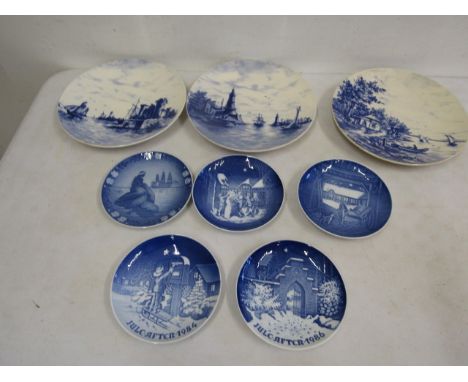 3 Antique Delft plates and 5 Royal Copenhagen picture plates Delft plates
