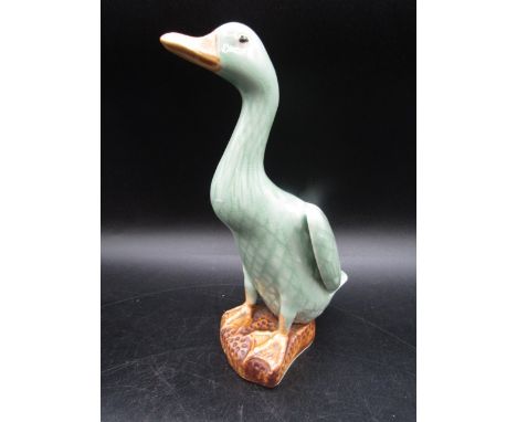 A Chinese Celadon ceramic duck with stamp to base 20cmH