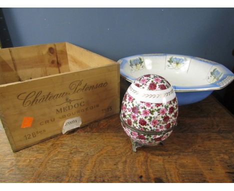 Wine box, ceramic hinged egg and vintage wash bowl