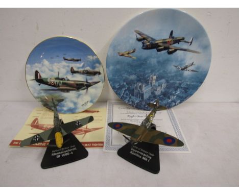 Spitfire plates and 2 models of Spitfire and Messerschmitt