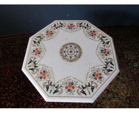 Indian marble octagonal table with inlaid semi precious stones depicting birds  H48cm TOP 59cm approx  no chips or damage, fe