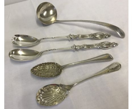 5 pieces of large silver plated serving cutlery. Comprising large soup ladle, 2 salad servers, and 2 ornate serving spoons. 