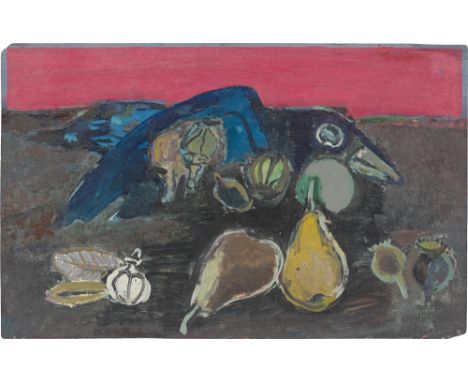 Hermann Bachmann (Halle 1922 – 1995 Berlin). „Stillleben mit Krähe, Mohnkapseln und Birnen“. 1953/54Öl auf Papier. 33,3&nbsp;