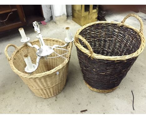 Two wicker baskets and a light fitting.