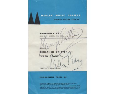 BRITTEN & PEARS: BRITTEN BENJAMIN (1913-1976) English Composer & PEARS PETER (1910-1986) English Tenor. An 8vo printed progra