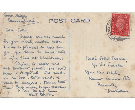 BLYTON ENID: (1897-1968) English Children's Writer. A.L.S., Enid Blyton, to the verso of a postcard with printed text and ill