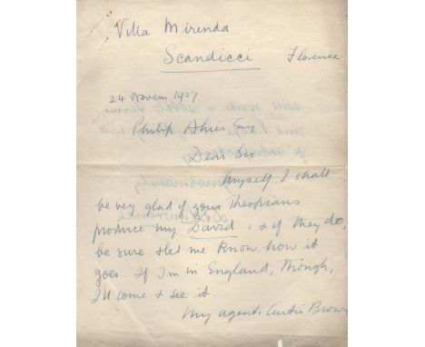 LAWRENCE D.H.: (1885-1930) English Author. A.L.S., D. H. Lawrence, two pages, 4to, Scandicci, Florence, 24th November 1927, t