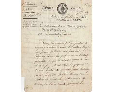 FOUCHE JOSEPH: (1759-1820) French Statesman, Minister of Police under Napoleon I, 1799-1810, 1815. L.S., Fouche, three pages,