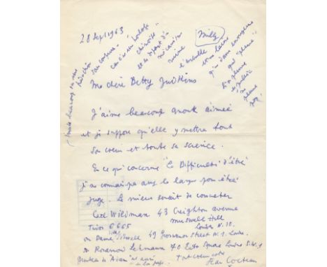 COCTEAU JEAN: (1889-1963) French Writer, Designer, Playwright, Artist & Filmmaker. A.L.S., Jean Cocteau *, one page, 4to, Mil