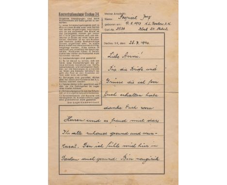 WORLD WAR II: Concentration Camp mail, A.L.S., Josef Pospiech, three pages, 8vo, K.L. Dachau 3.K., 28th July 1940, to 'Liebe 