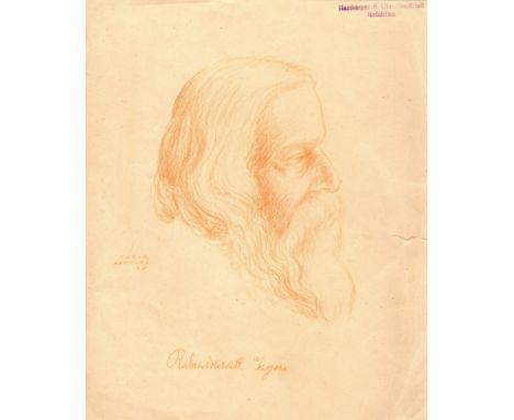 TAGORE RABINDRANATH: (1861-1941) Indian Writer, Nobel Prize winner for Literature, 1913. An unusual pale orange pencil drawin