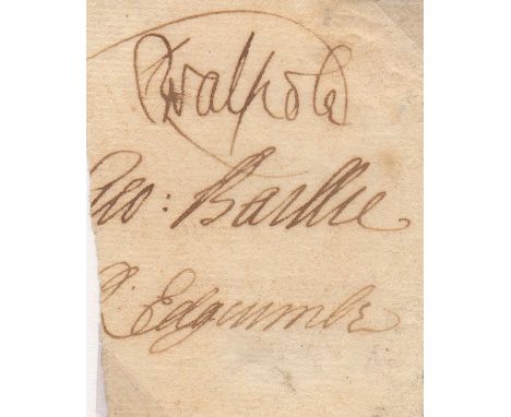 BRITISH PRIME MINISTERS: Robert Walpole (1676-1745) British Prime Minister 1721-42. Ink signature on a small 12mo piece, evid