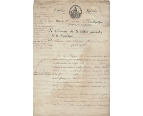 FOUCHE JOSEPH: (1759-1820) French Statesman, Minister of Police under Napoleon I, 1799-1810, 1815. L.S., Fouche, three pages,