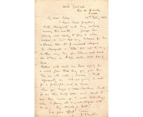 RUSKIN JOHN: (1819-1900) English Art Critic, and a prominent social thinker and philanthropist. A.L.S., J Ruskin, one page, 8