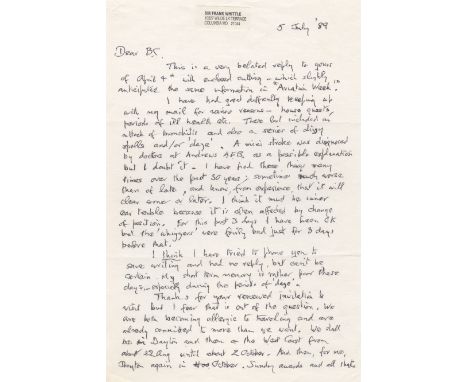 WHITTLE FRANK: (1907-1996) English Royal Air Force Officer, inventor of the jet engine. A.L.S., Frank, two pages, 8vo, Wilde 
